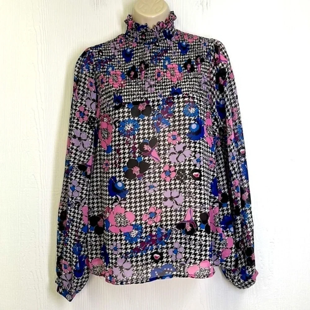 Guess - Colorful Floral Printed Mock Neck Long Sleeve Blouse Size Small